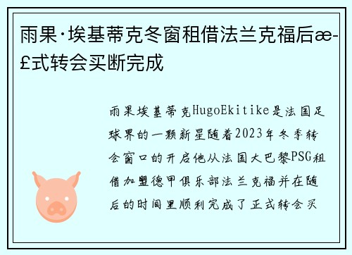 雨果·埃基蒂克冬窗租借法兰克福后正式转会买断完成 雨果·埃基蒂克冬窗租借法兰克福后正式转会买断完成
